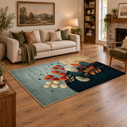 pale blue teal orange botanical abstract area rug, angled room view