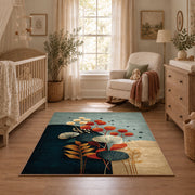 pale blue teal orange botanical abstract area rug, full pattern view