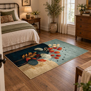pale blue teal orange botanical abstract area rug, soft surface detail