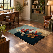 pale blue teal orange botanical abstract area rug, wood floor styling