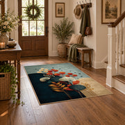 pale blue teal orange botanical abstract area rug, close decorative detail