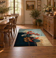 pale blue teal orange botanical abstract area rug, front room mockup