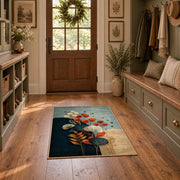 pale blue teal orange botanical abstract area rug, wide interior view