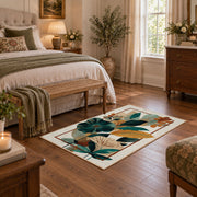 cream teal tropical leaf geometric area rug, cozy home setting