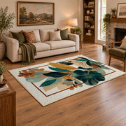 cream teal tropical leaf geometric area rug, angled room view