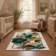 cream teal tropical leaf geometric area rug, full pattern view