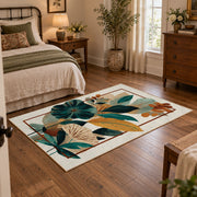 cream teal tropical leaf geometric area rug, soft surface detail