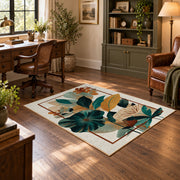 cream teal tropical leaf geometric area rug, wood floor styling