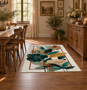 cream teal tropical leaf geometric area rug, front room mockup