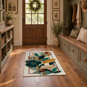 cream teal tropical leaf geometric area rug, wide interior view