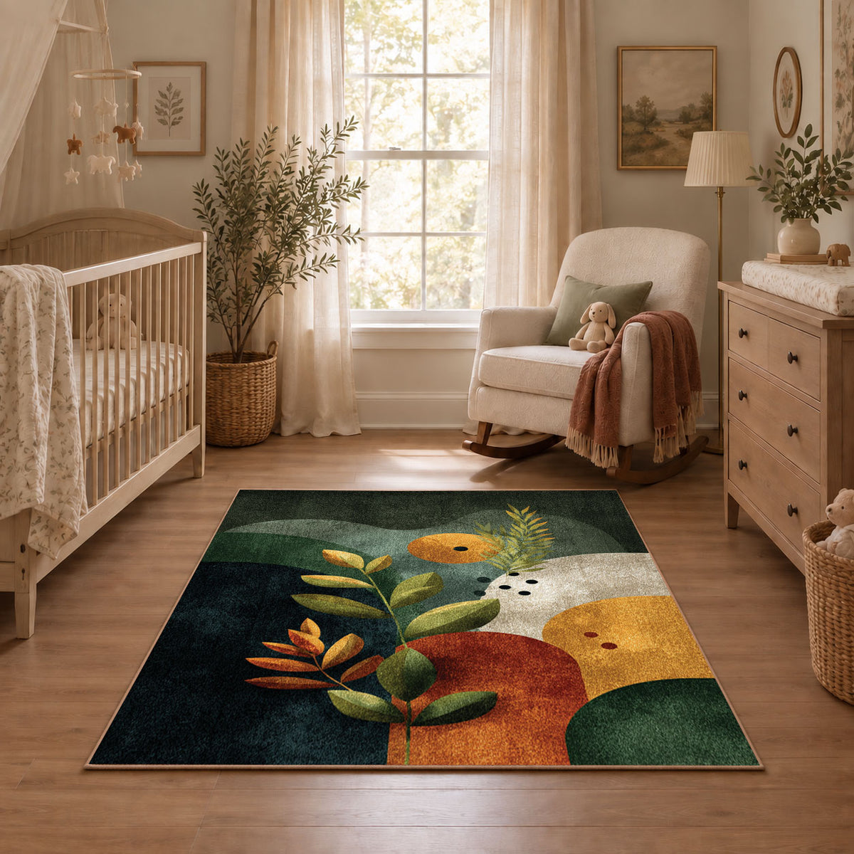 dark green moody botanical circles abstract area rug, featured room view