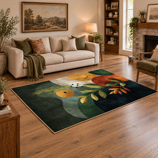 dark green moody botanical circles abstract area rug, angled room view