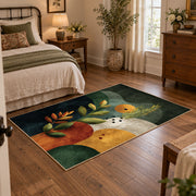 dark green moody botanical circles abstract area rug, full pattern view