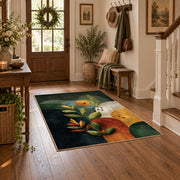 dark green moody botanical circles abstract area rug, wood floor styling