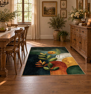 dark green moody botanical circles abstract area rug, close decorative detail