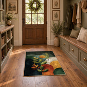 dark green moody botanical circles abstract area rug, front room mockup