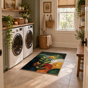 dark green moody botanical circles abstract area rug, wide interior view