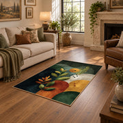 dark green moody botanical circles abstract area rug, design detail view