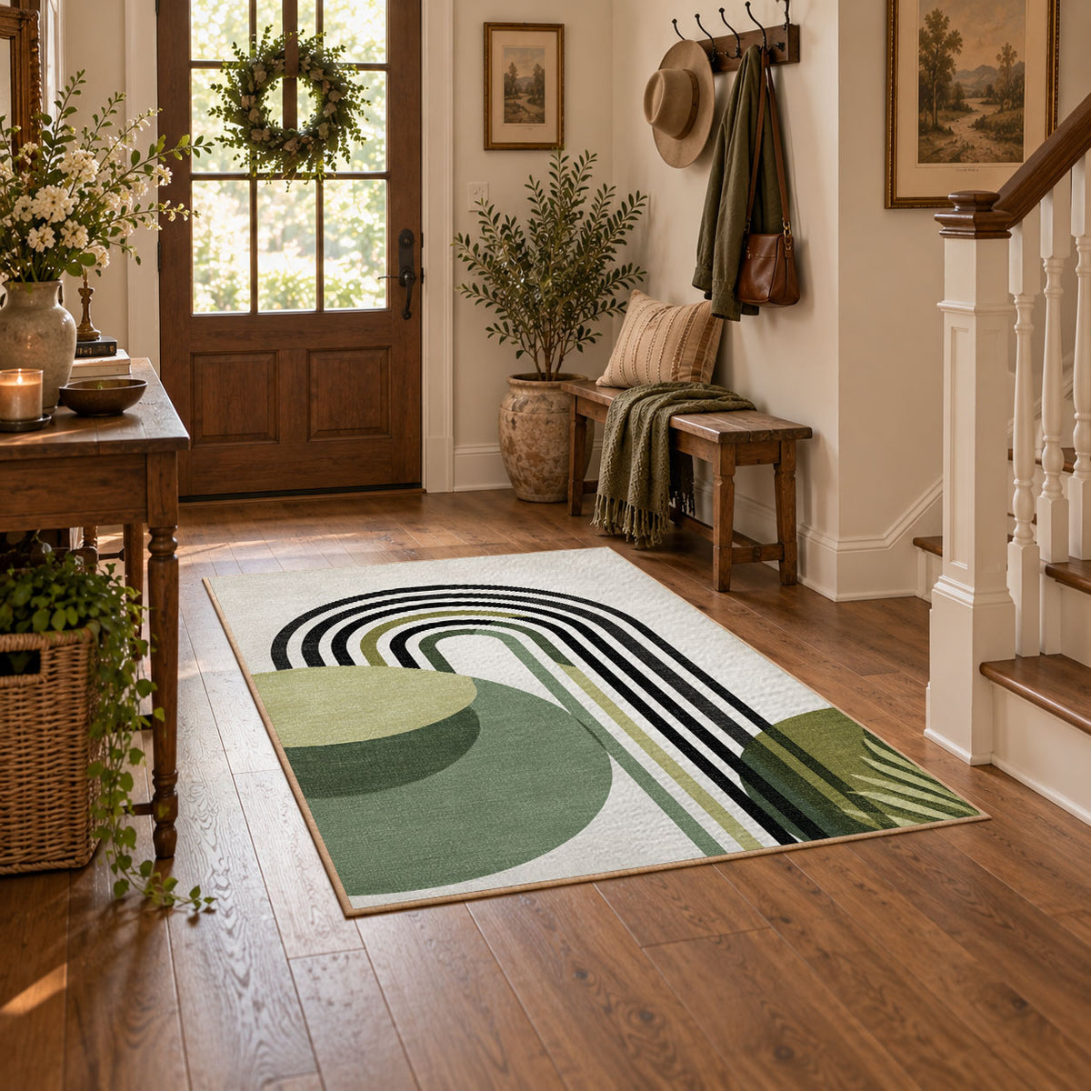 white black green minimalist rainbow leaf area rug, featured room view