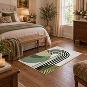 white black green minimalist rainbow leaf area rug, cozy home setting