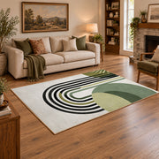 white black green minimalist rainbow leaf area rug, angled room view