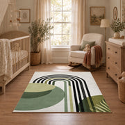 white black green minimalist rainbow leaf area rug, full pattern view