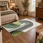 white black green minimalist rainbow leaf area rug, soft surface detail