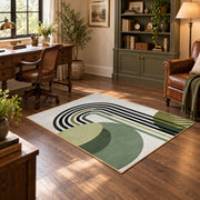 white black green minimalist rainbow leaf area rug, wood floor styling