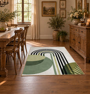 white black green minimalist rainbow leaf area rug, close decorative detail