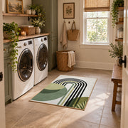 white black green minimalist rainbow leaf area rug, wide interior view