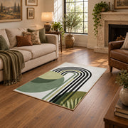 white black green minimalist rainbow leaf area rug, design detail view