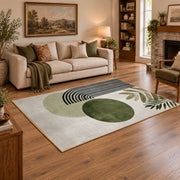 white olive circle rainbow minimalist abstract area rug, featured room view