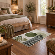 white olive circle rainbow minimalist abstract area rug, cozy home setting