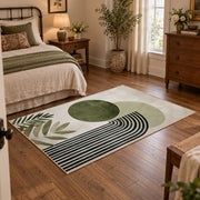 white olive circle rainbow minimalist abstract area rug, full pattern view