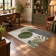 white olive circle rainbow minimalist abstract area rug, soft surface detail