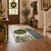 white olive circle rainbow minimalist abstract area rug, wood floor styling