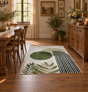 white olive circle rainbow minimalist abstract area rug, close decorative detail