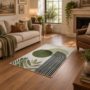 white olive circle rainbow minimalist abstract area rug, design detail view