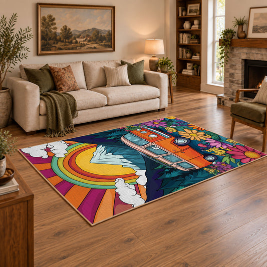 colorful retro road trip van rainbow floral area rug, angled room view