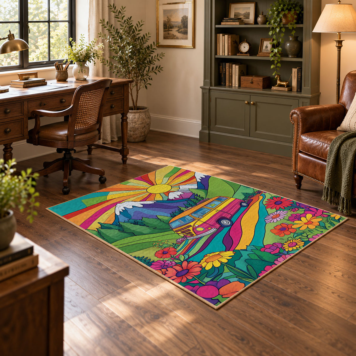 bright psychedelic van tropical adventure area rug, featured room view