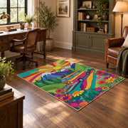 bright psychedelic van tropical adventure area rug, featured room view