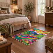 bright psychedelic van tropical adventure area rug, cozy home setting