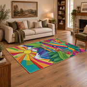 bright psychedelic van tropical adventure area rug, angled room view