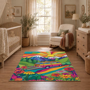 bright psychedelic van tropical adventure area rug, full pattern view