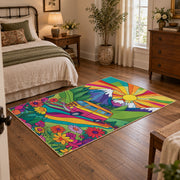 bright psychedelic van tropical adventure area rug, soft surface detail