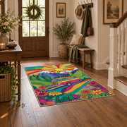 bright psychedelic van tropical adventure area rug, wood floor styling