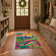 bright psychedelic van tropical adventure area rug, front room mockup