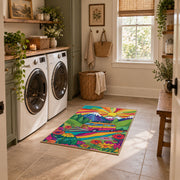 bright psychedelic van tropical adventure area rug, wide interior view