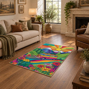 bright psychedelic van tropical adventure area rug, design detail view