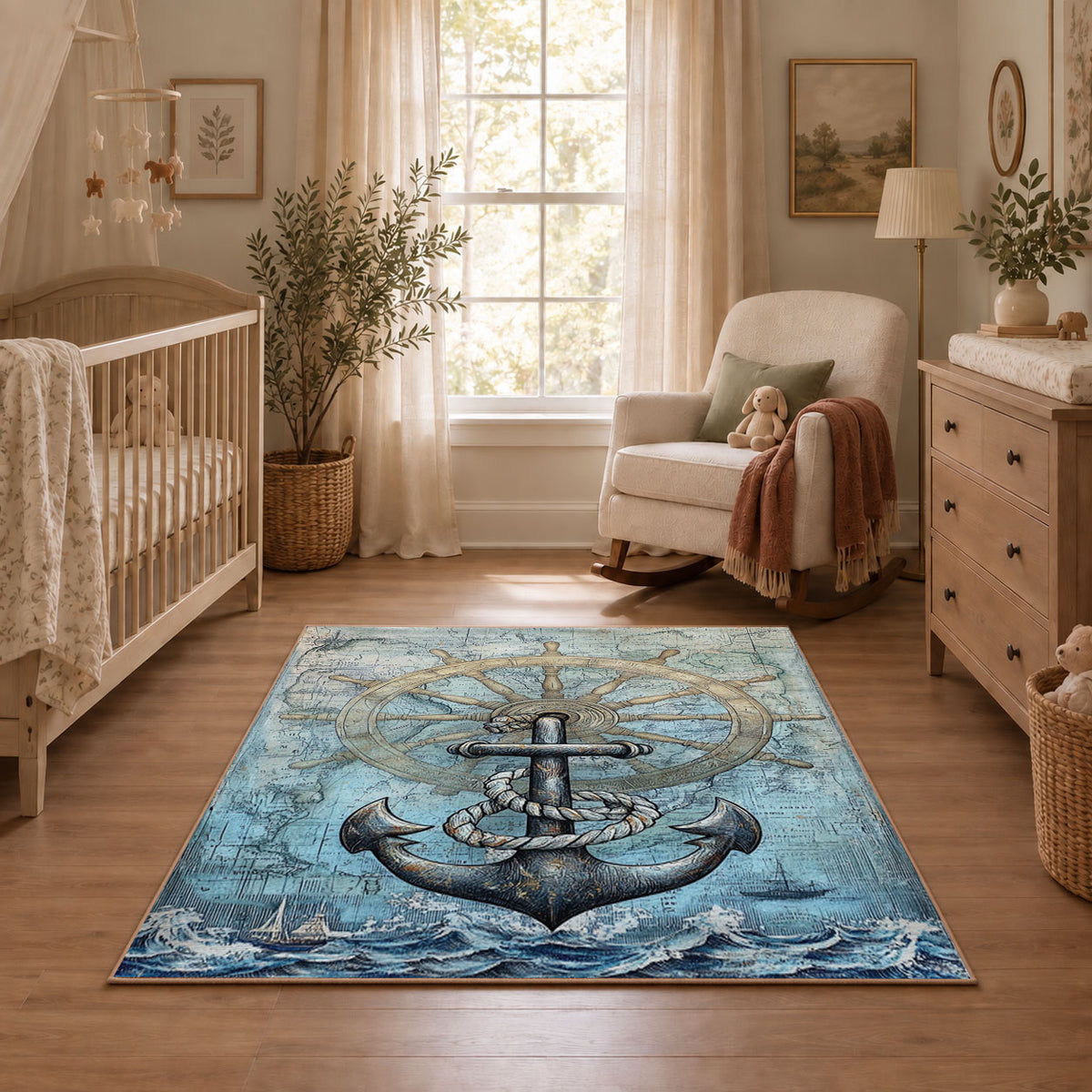 vintage blue nautical anchor ship wheel map area rug, featured room view